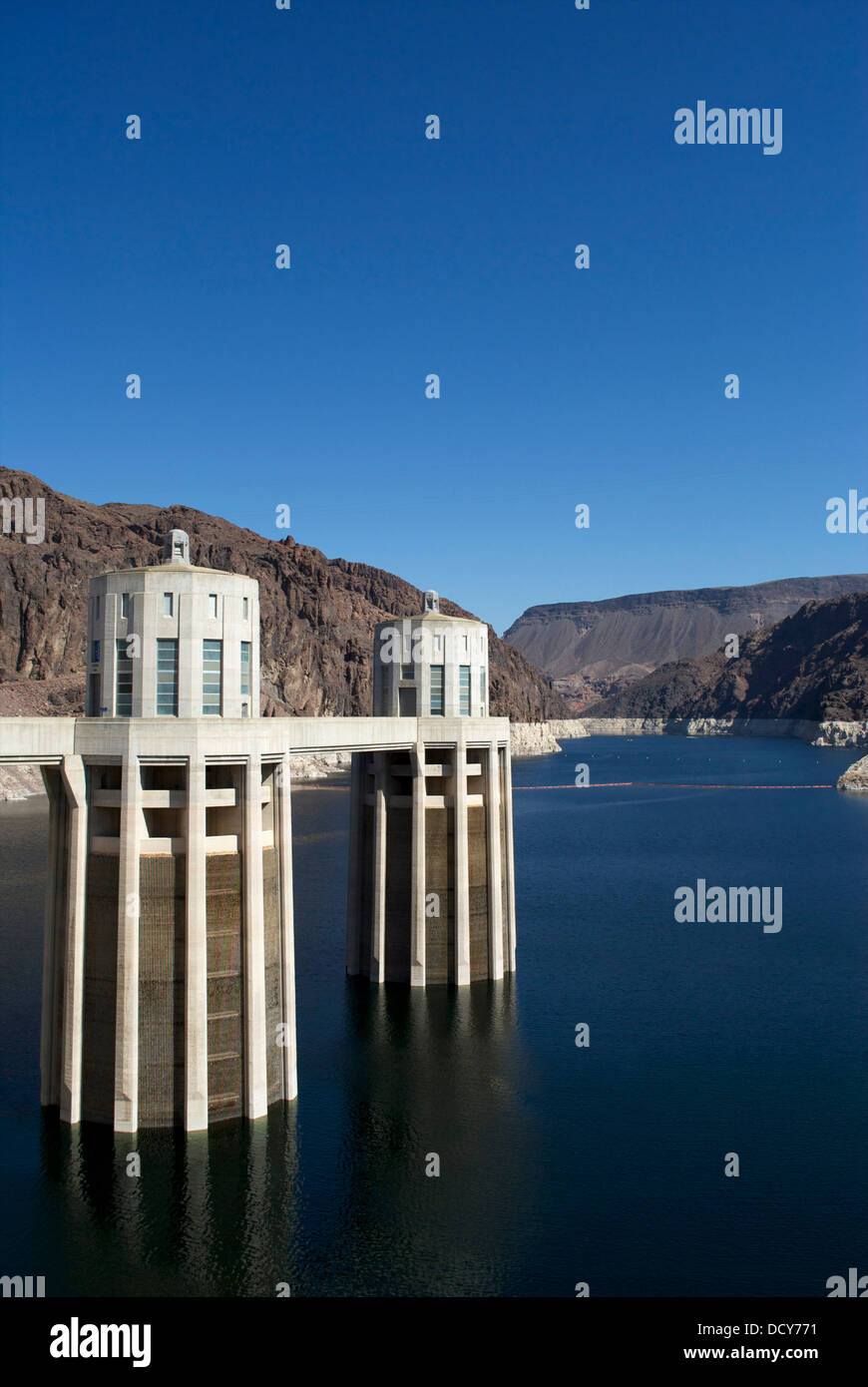 Looking out over Hoover Dam, Arizona, showing the reservoir, intake