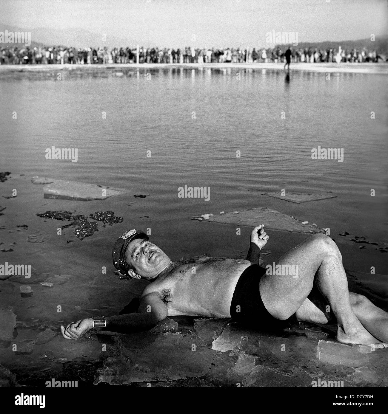 Polar Bear member lies on the icy waters of Lake George in New York Stock Photo