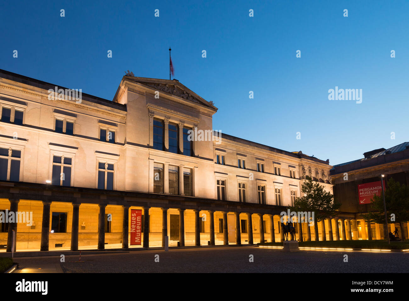 Exterior night view of Neues Museum or New Museum on Museumsinsel in Berlin Germany Stock Photo