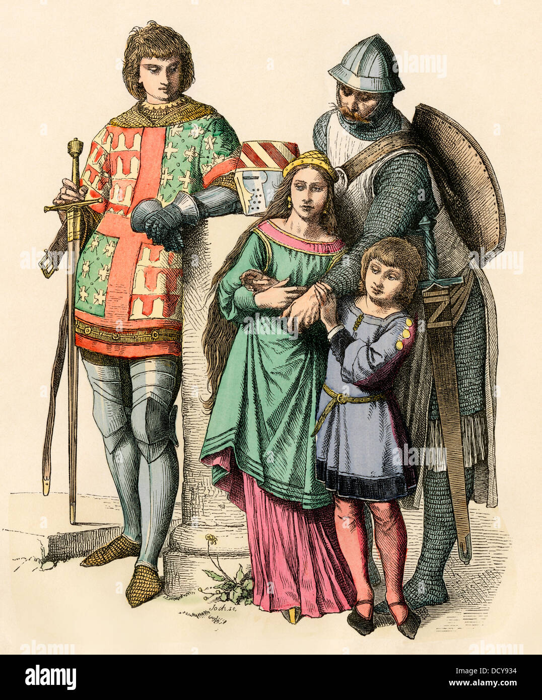 German knight with his family, Middle Ages. Hand-colored print Stock Photo