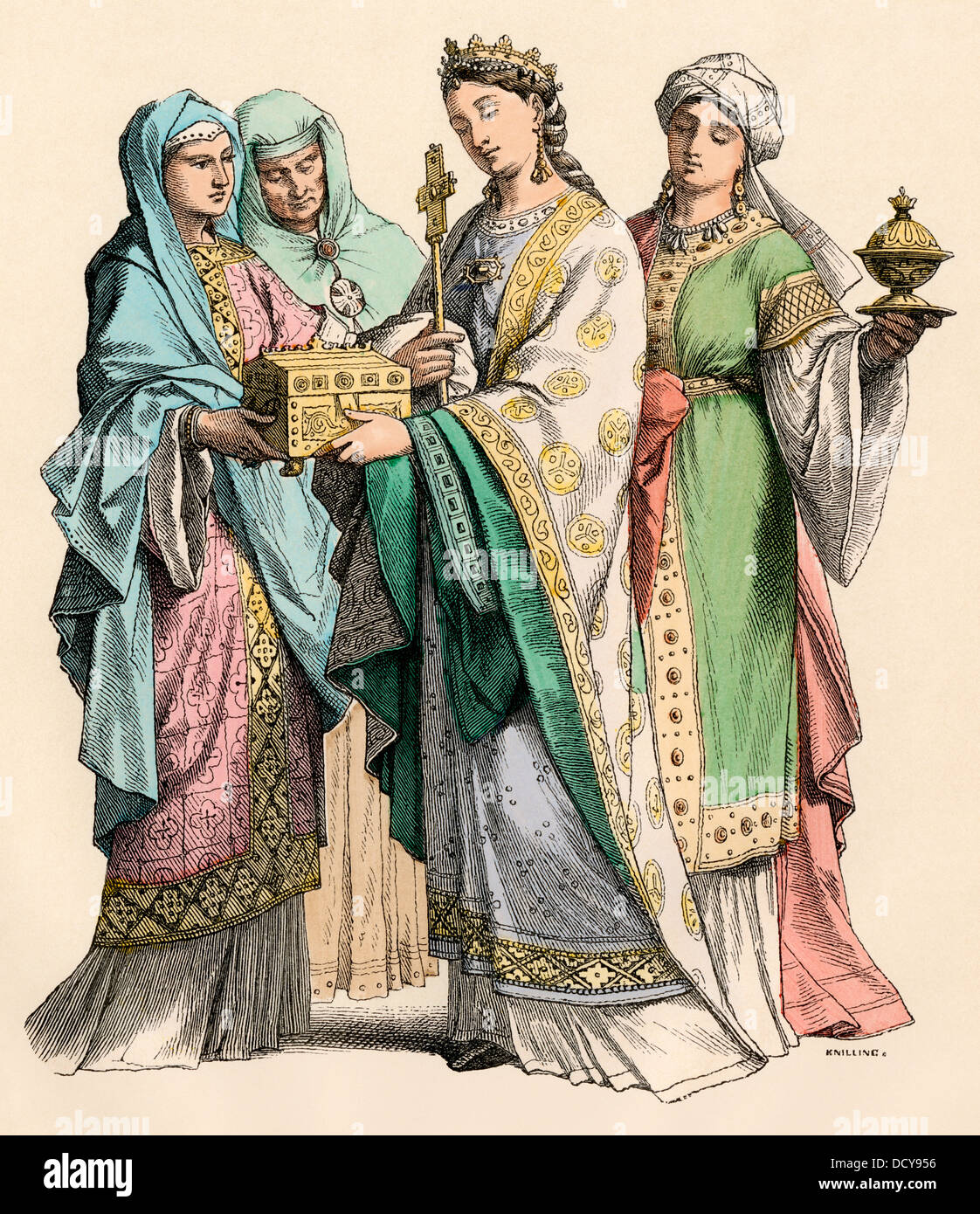 Frankish noblewomen in the 10th century. Hand-colored print Stock Photo