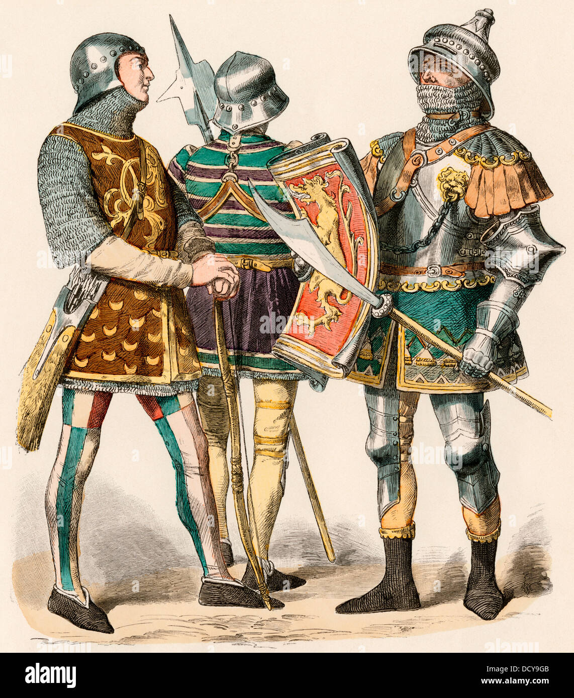 Burgundian archer wearing chain mail and a knight in plate armor, 1470. Hand-colored print Stock Photo