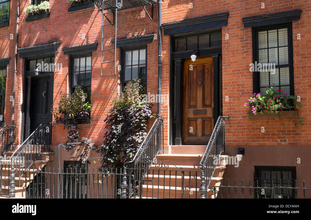 Brownstone, red-brick buildings on Gay Street in Greenwich Village in NYC Stock Photo