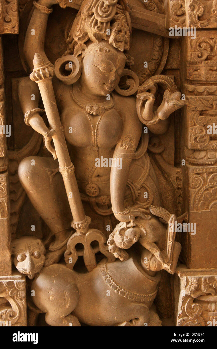 Goddess Durga attacking the buffalo demon Mahisha Stock Photo