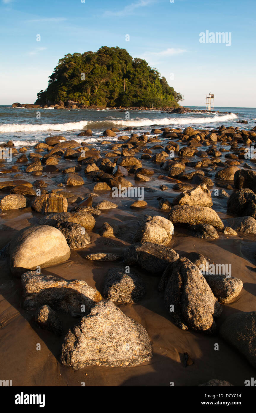 Praia Mansa beach at Caiobá, Matinhos city, shore of Parana state, south Brazil. Tartaruga island at foreground. Stock Photo