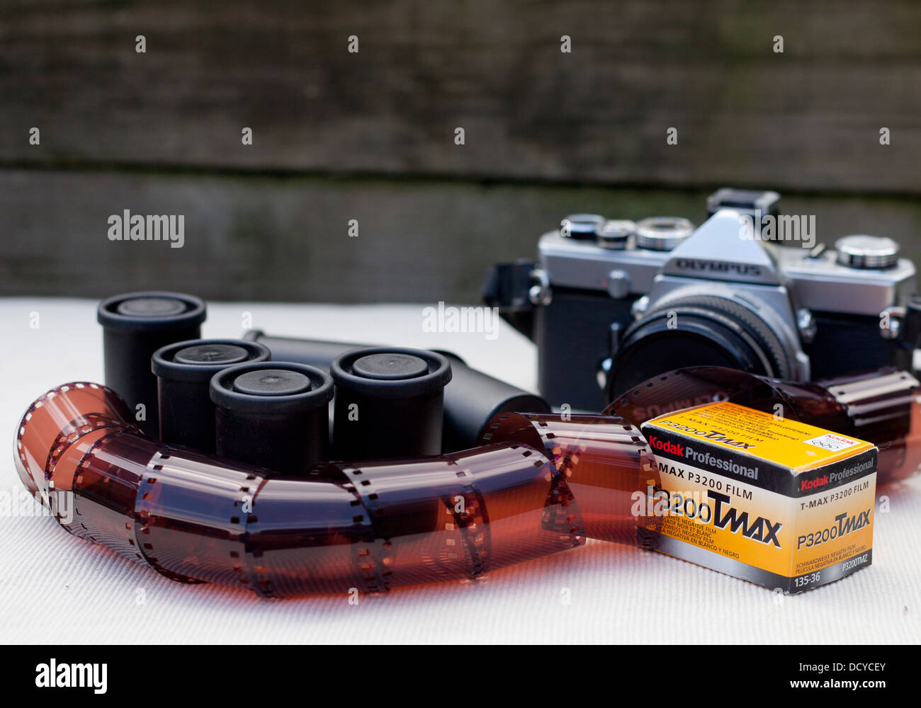 Olympus SLR with rolls of kodak film Stock Photo