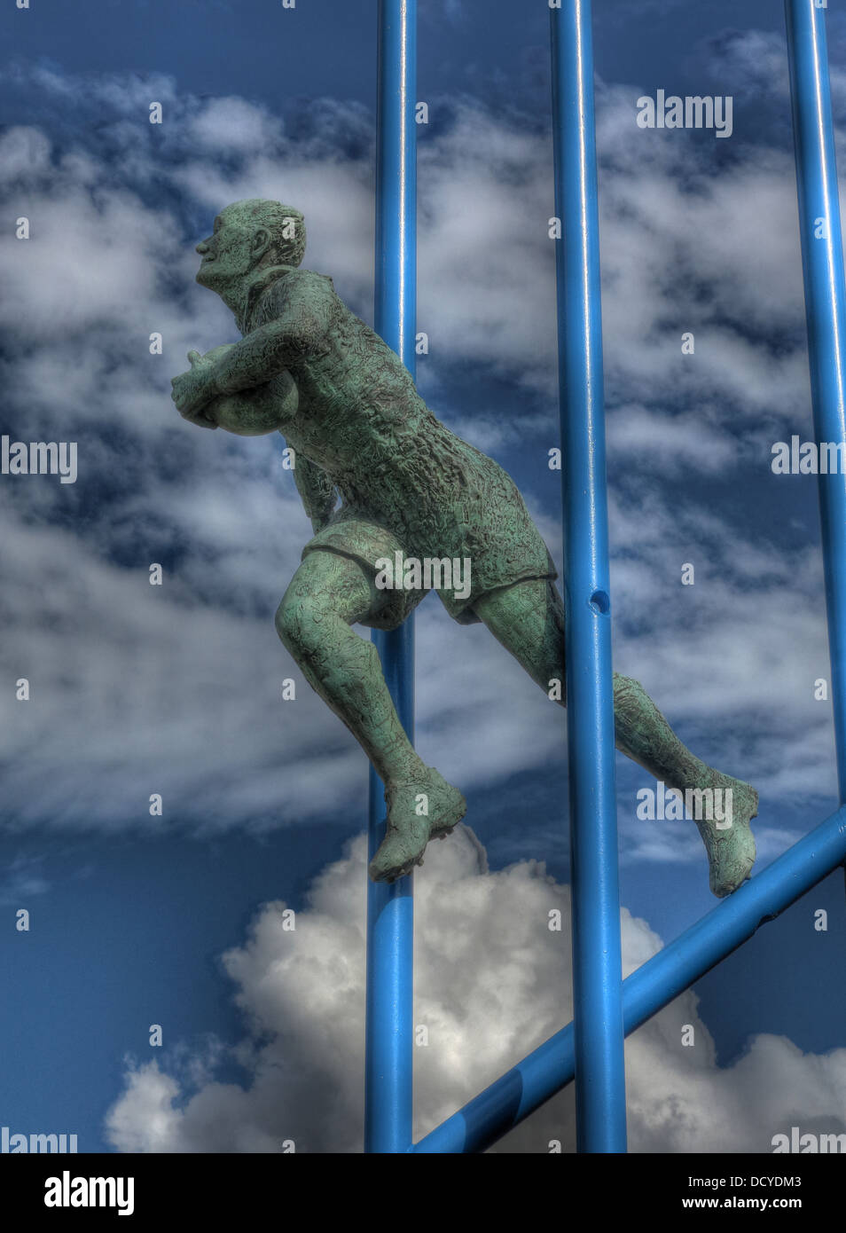 Brian Bevan Statue 1993, outside the Halliwell Jones Stadium, rugby league stadium for Warrington Wolves, Cheshire, England - Australian winger Stock Photo