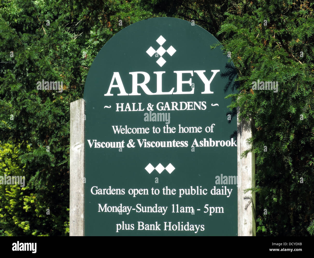 Arley Hall & gardens sign, home of Viscount Ashbrook and Viscountess Ashbrook, between Warrington and Northwich, Cheshire, England, UK, Stock Photo