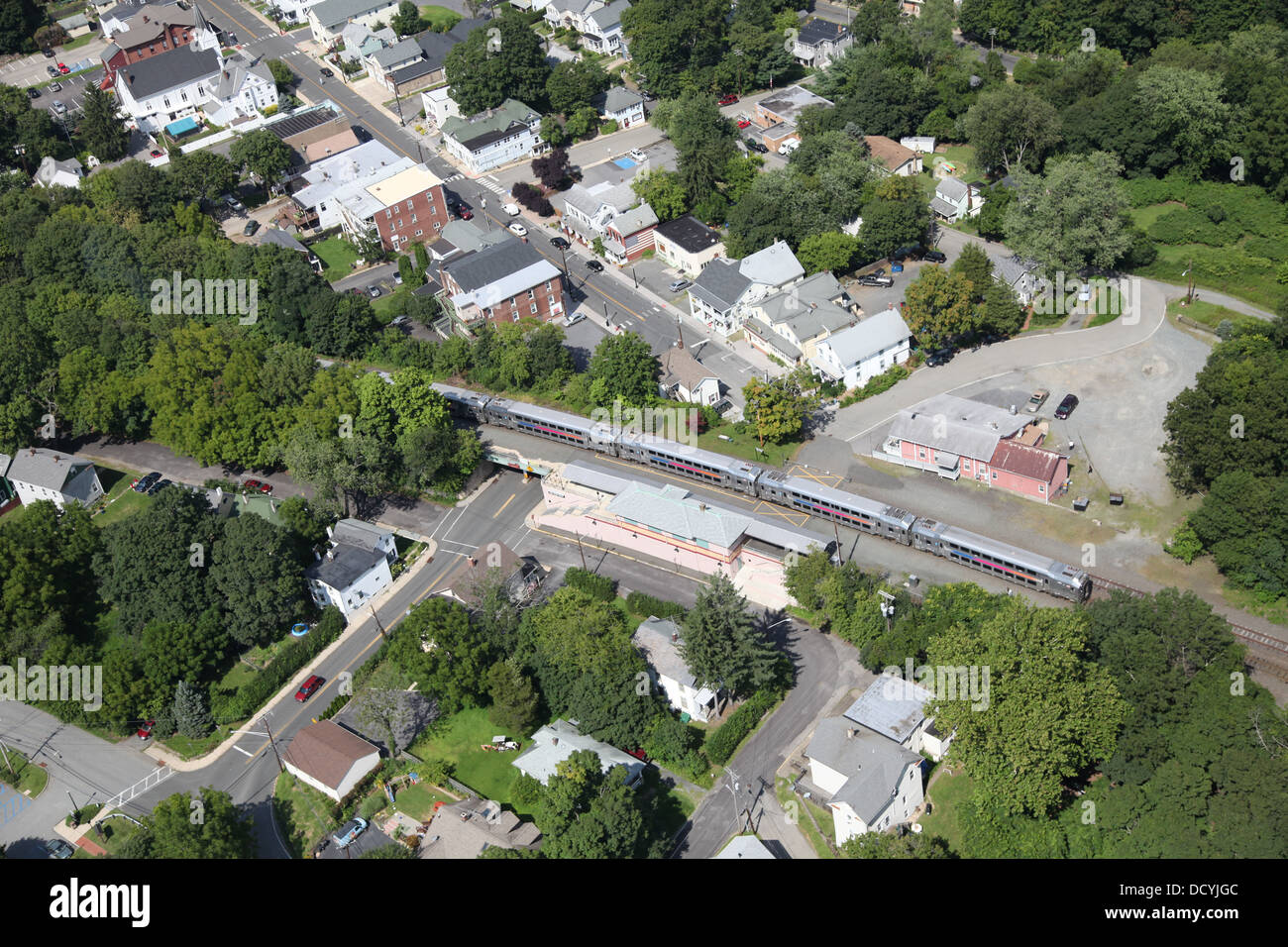 Aerial view of New Jersey Transit Train in High Bridge, New Jersey Stock Photo