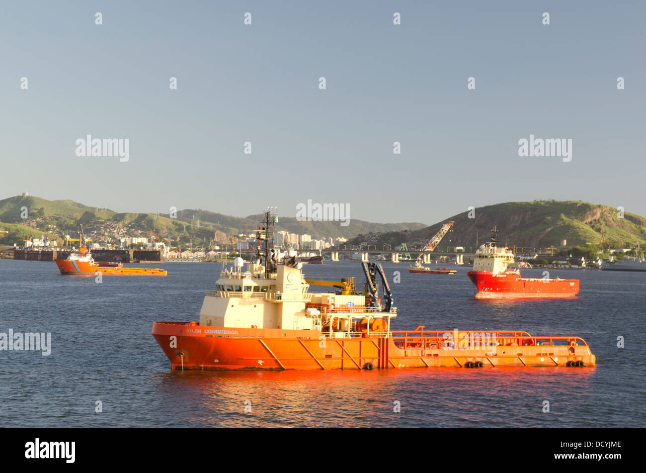 Offshore supply vessels anchored at Guanabara Bay, Rio de Janeiro, Brazil Stock Photo