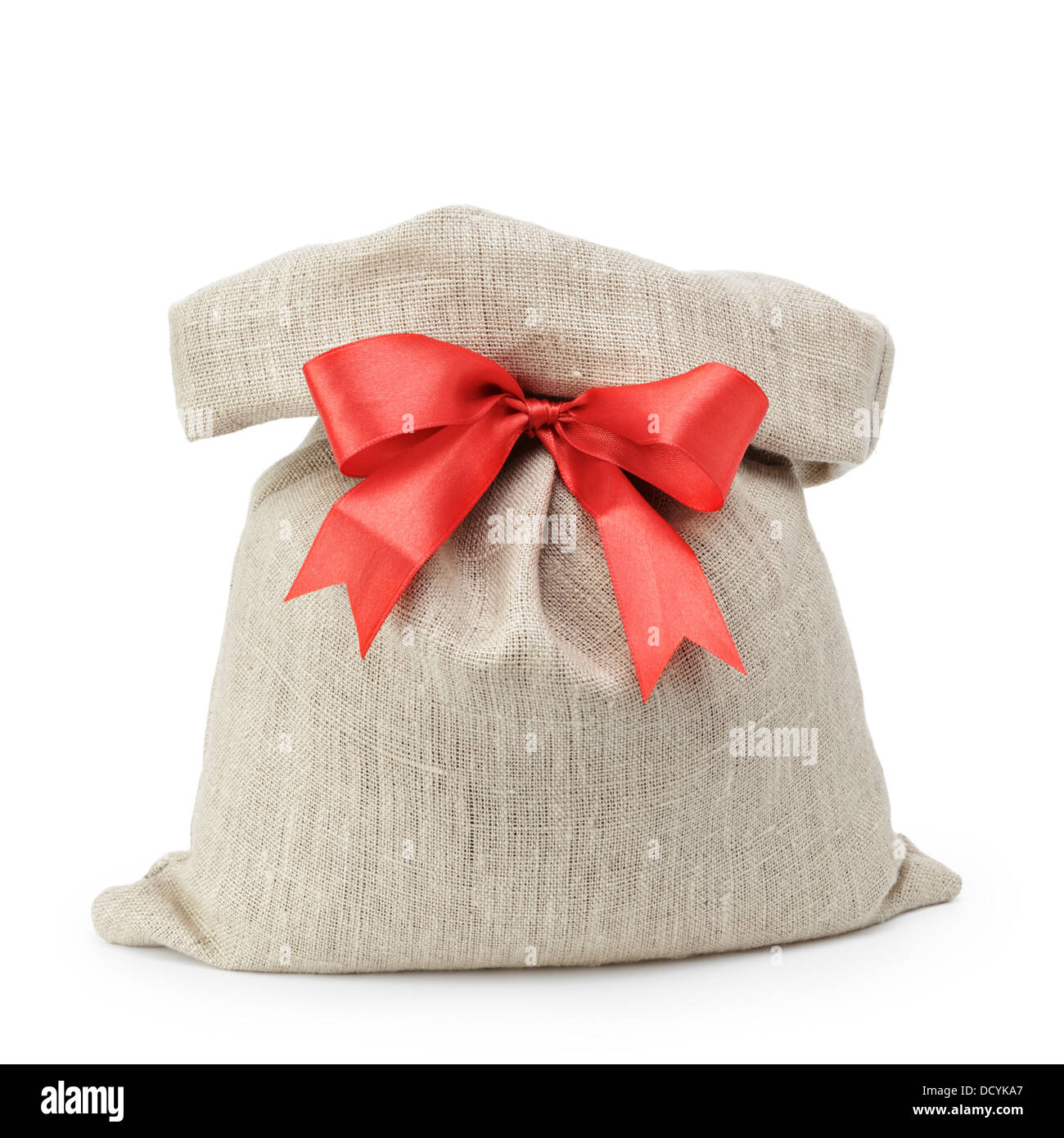 sack gift bag with ribbon bow, isolated on white Stock Photo Alamy