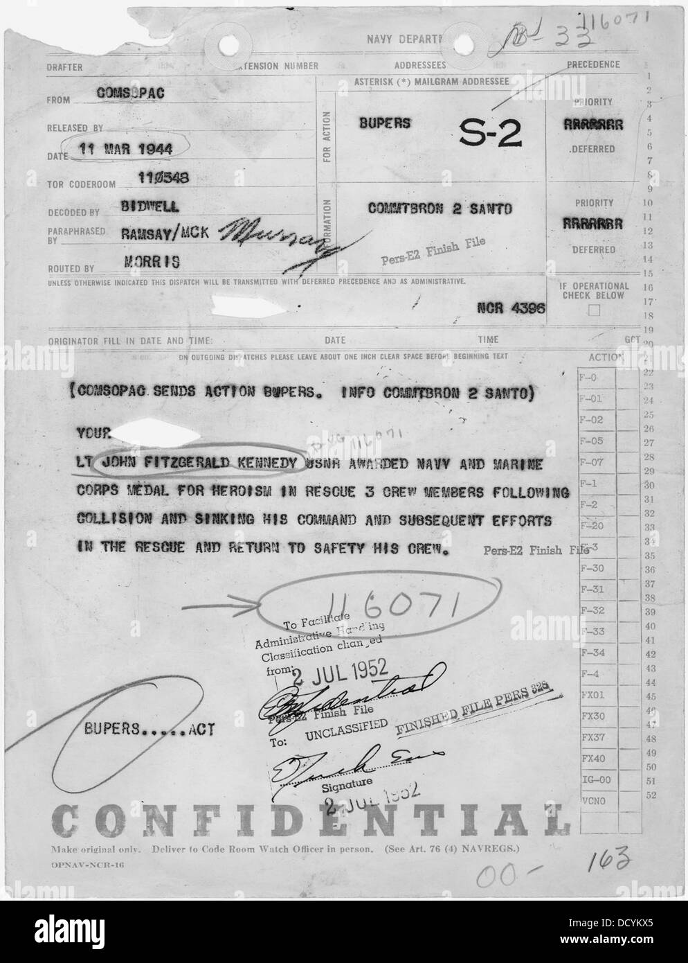 A formal message from the Commander of Southern Pacific to the Bureau of Naval Personnel regarding the award of Navy and Marine Corps decorations. The message is part of military administrative communication during wartime. Stock Photo