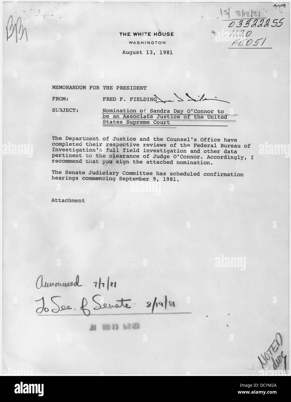 Memo from Fred Fielding to the President, re Nomination of Sandra Day O'Connor to be An Associate Justice of the... - - 198421 Stock Photo