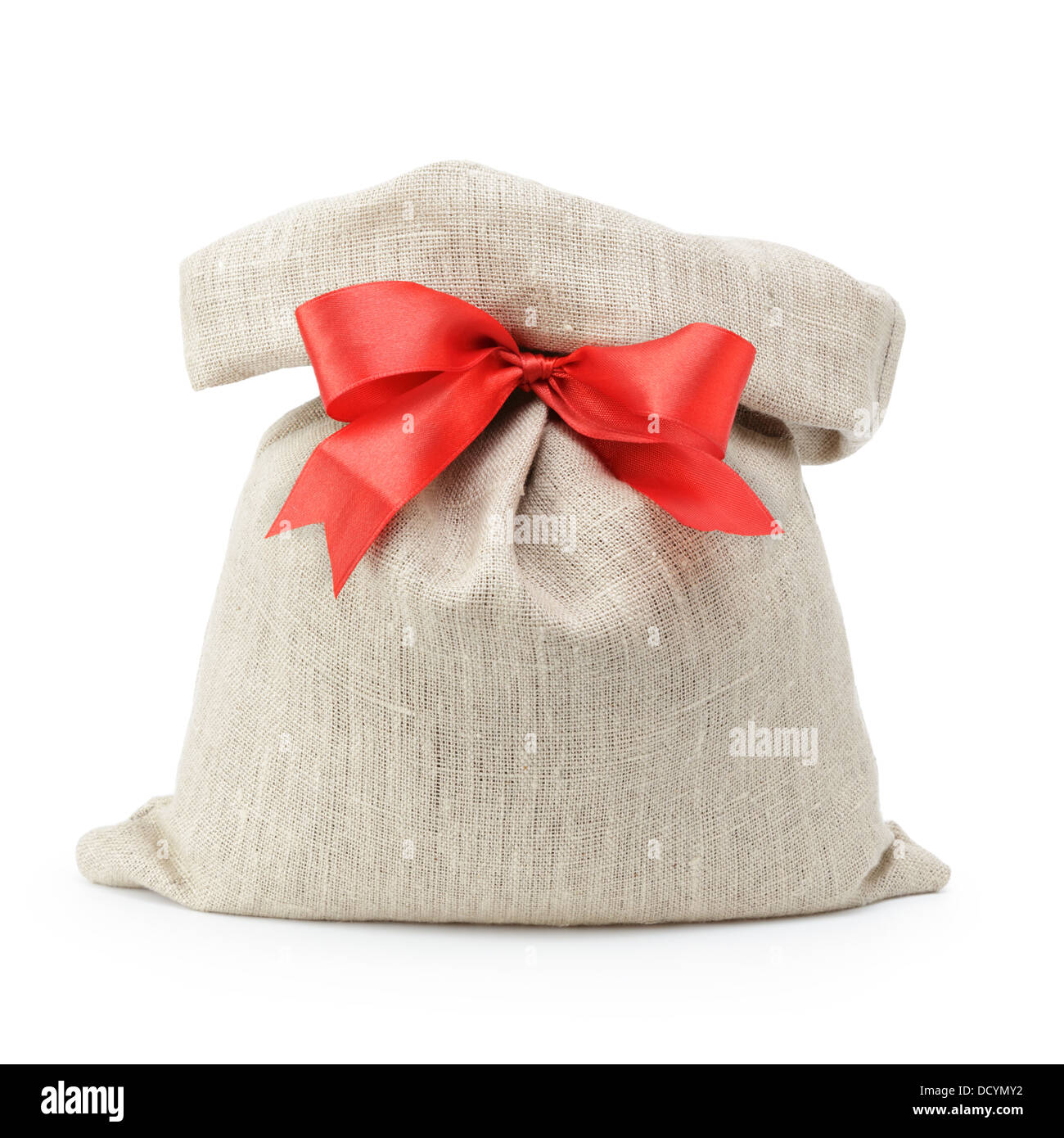 sack gift bag with ribbon bow, isolated on white Stock Photo Alamy
