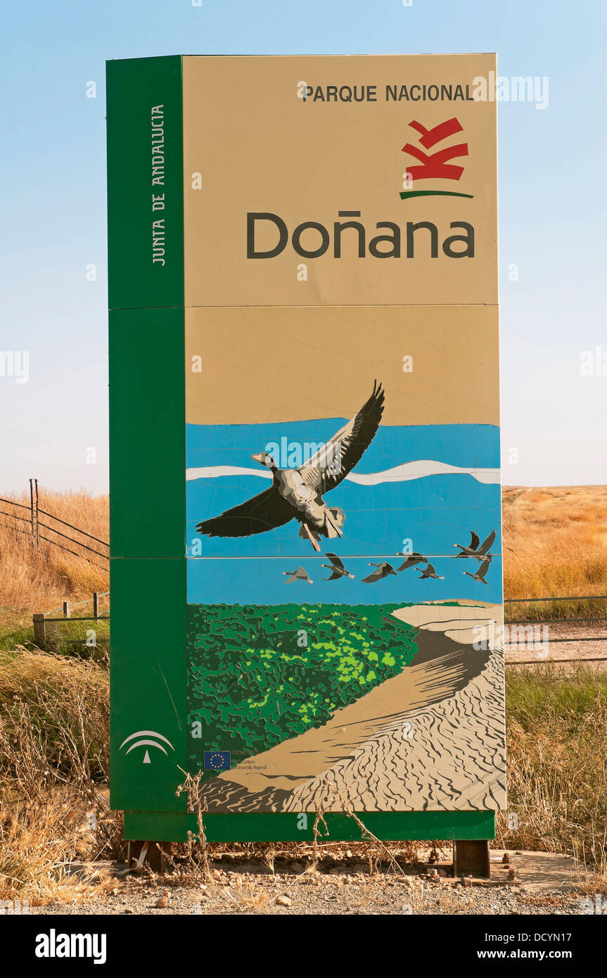 Sign, Donana National Park, Huelva province, Region of Andalusia, Spain, Europe Stock Photo