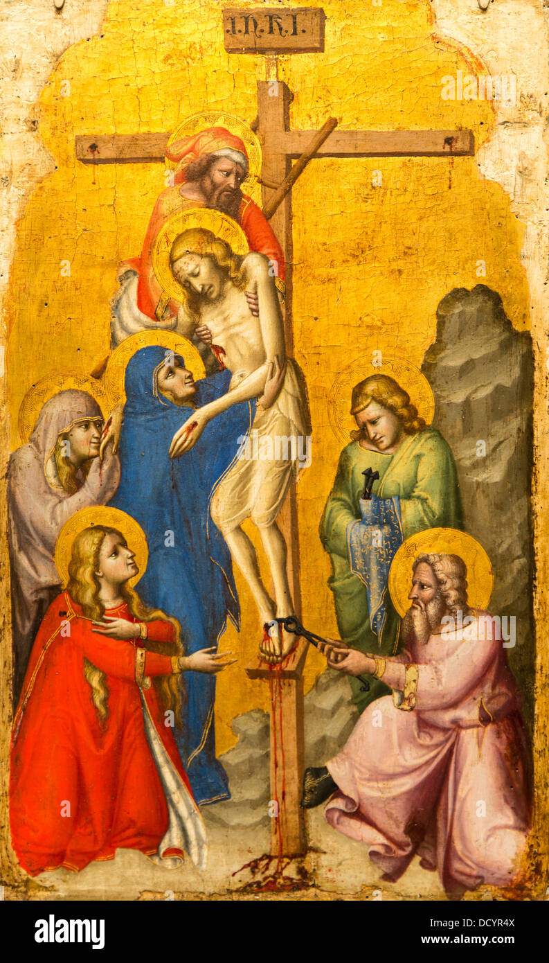14th century  -  The Descent from the Cross - Pseudo-Dalmasio (1330) Tempera on wood, gold ground Stock Photo