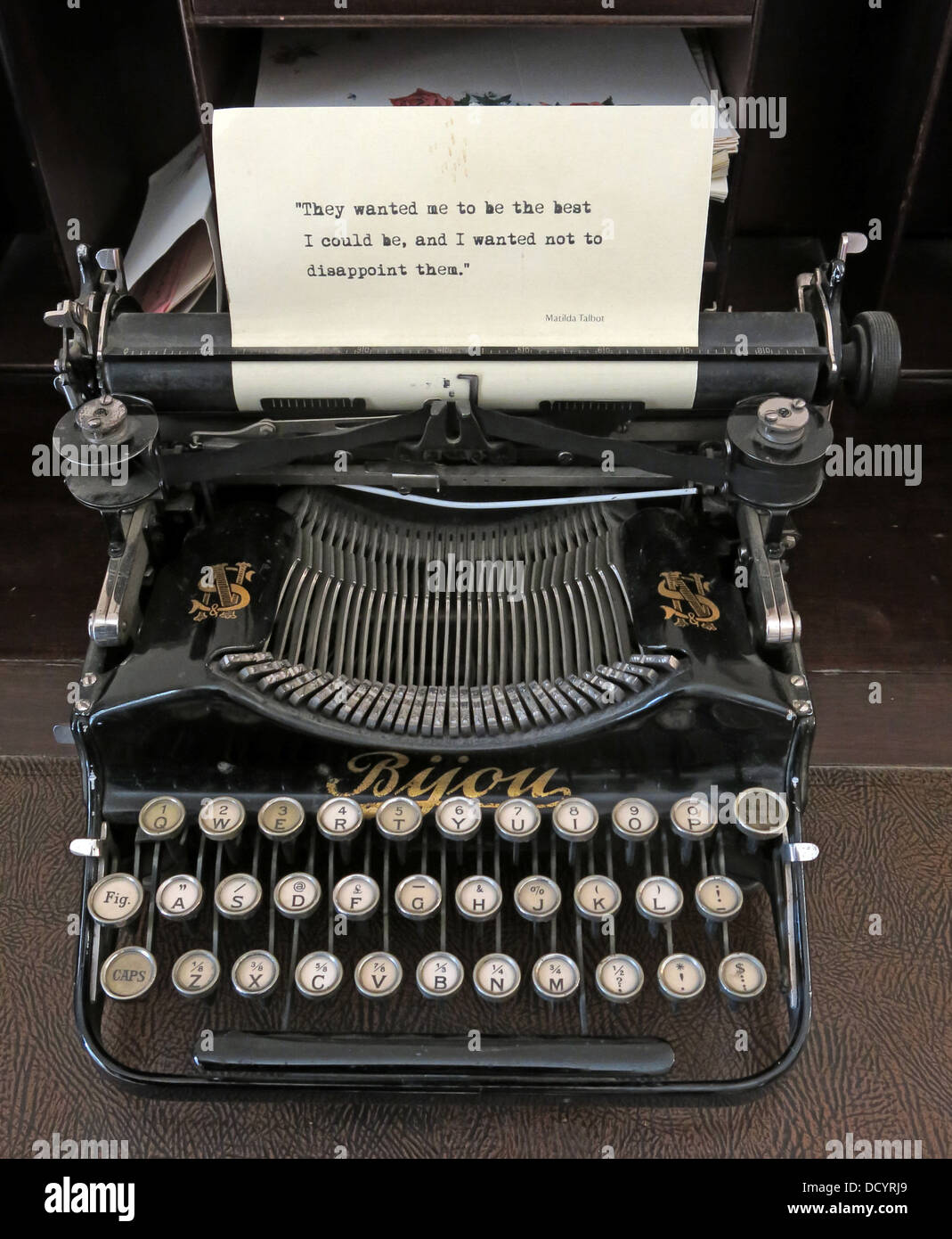 "They wanted me to be the best I could be, and I wanted not to disappoint them" on a old Byou Typewriter, Lacock Abbey, Wiltshire, South West England Stock Photo