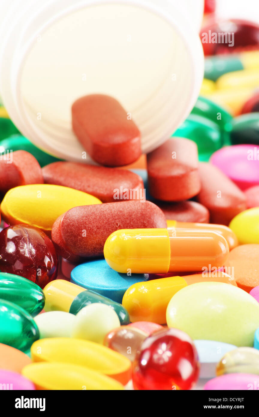 Composition with dietary supplement capsules and drug pills Stock Photo