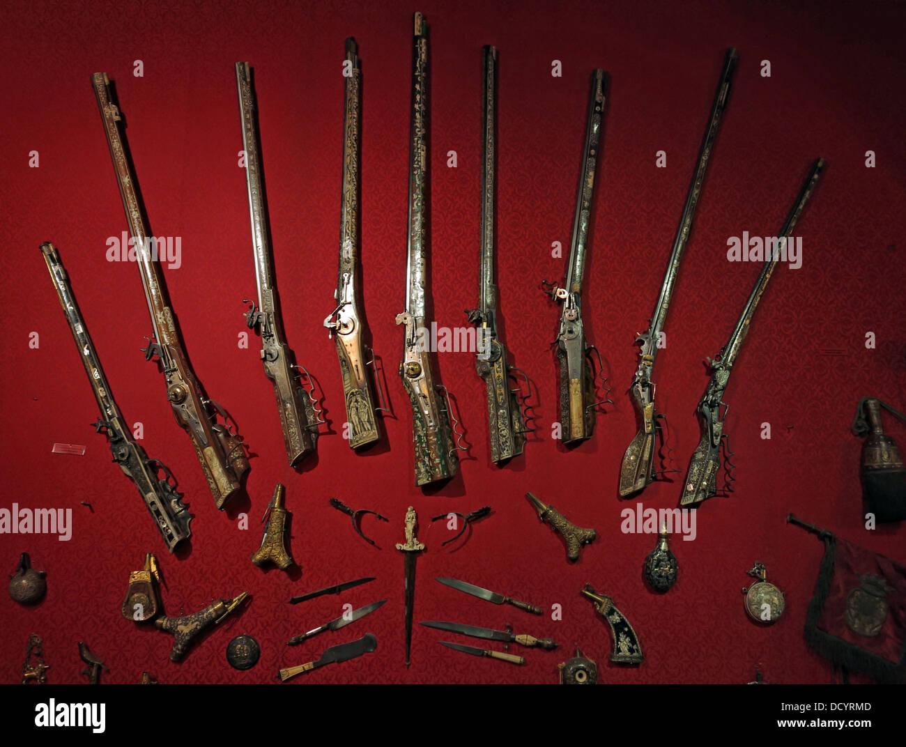 Gun collection on wall of bachelor wing, Waddesdon Manor, Bicester Rd, Aylesbury, Buckinghamshire, England , UK HP18 0JH Stock Photo