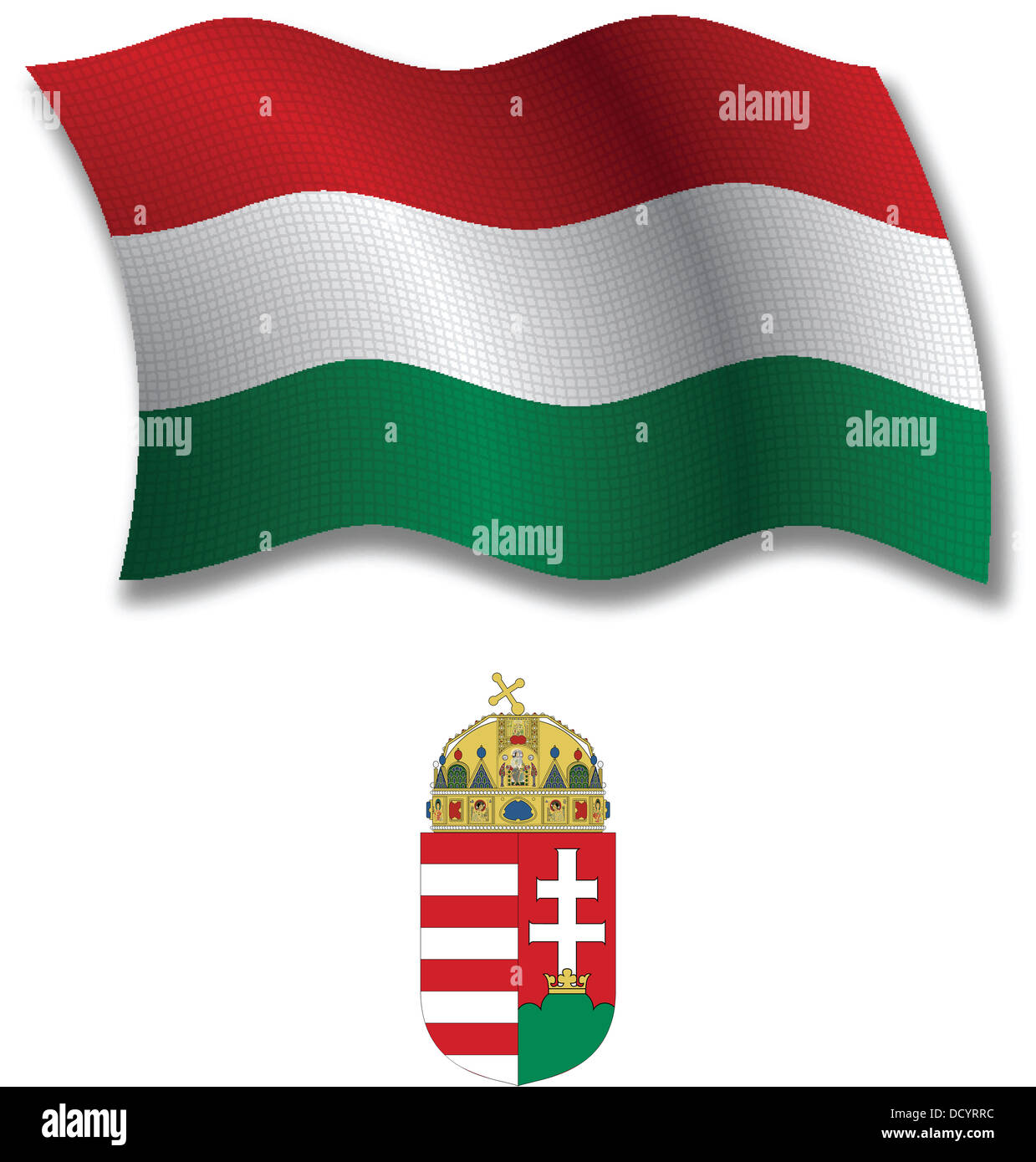 hungary shadowed textured wavy flag and coat of arms against white background, vector art illustration Stock Photo