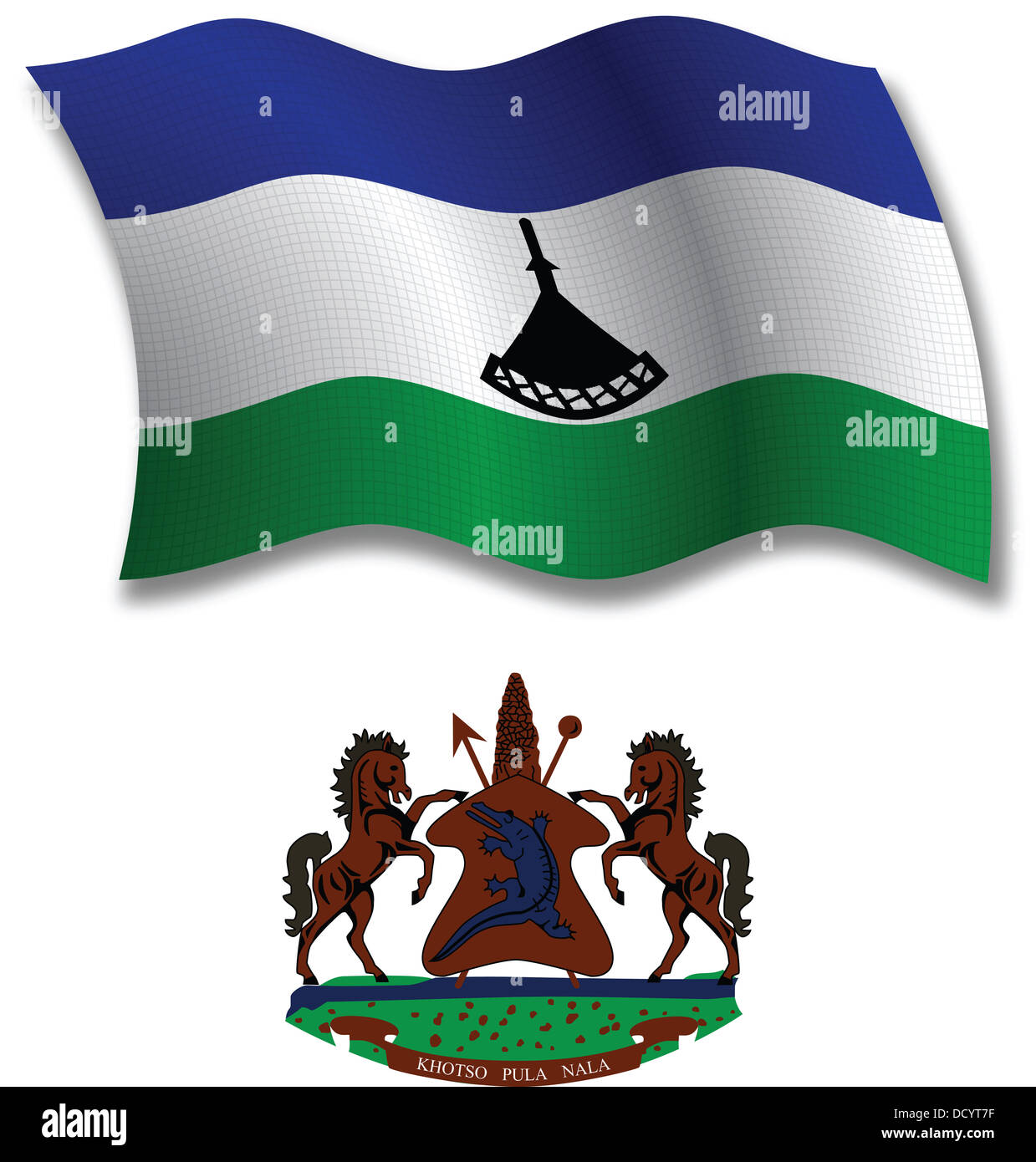 lesotho shadowed textured wavy flag and coat of arms against white