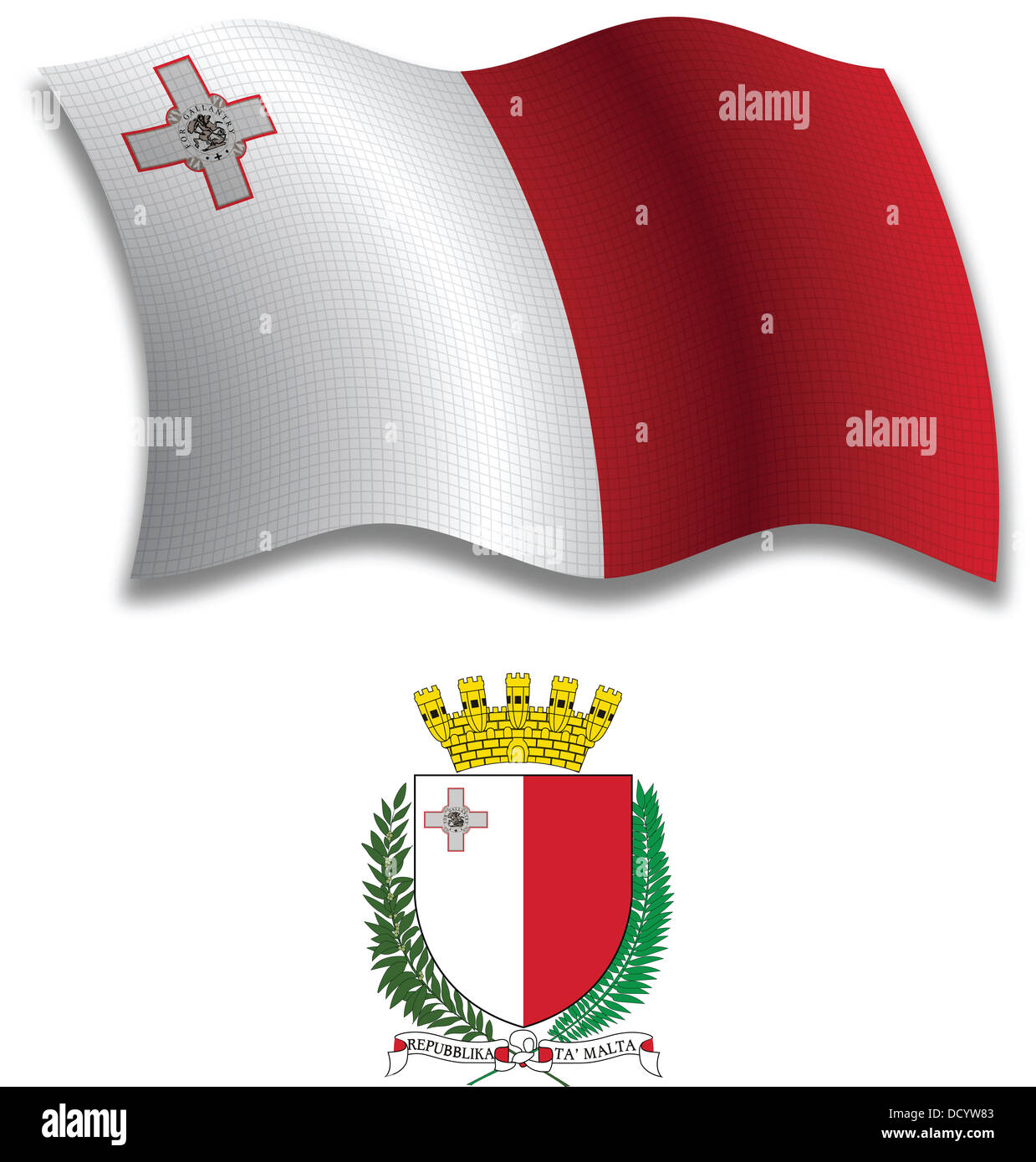 malta shadowed textured wavy flag and coat of arms against white