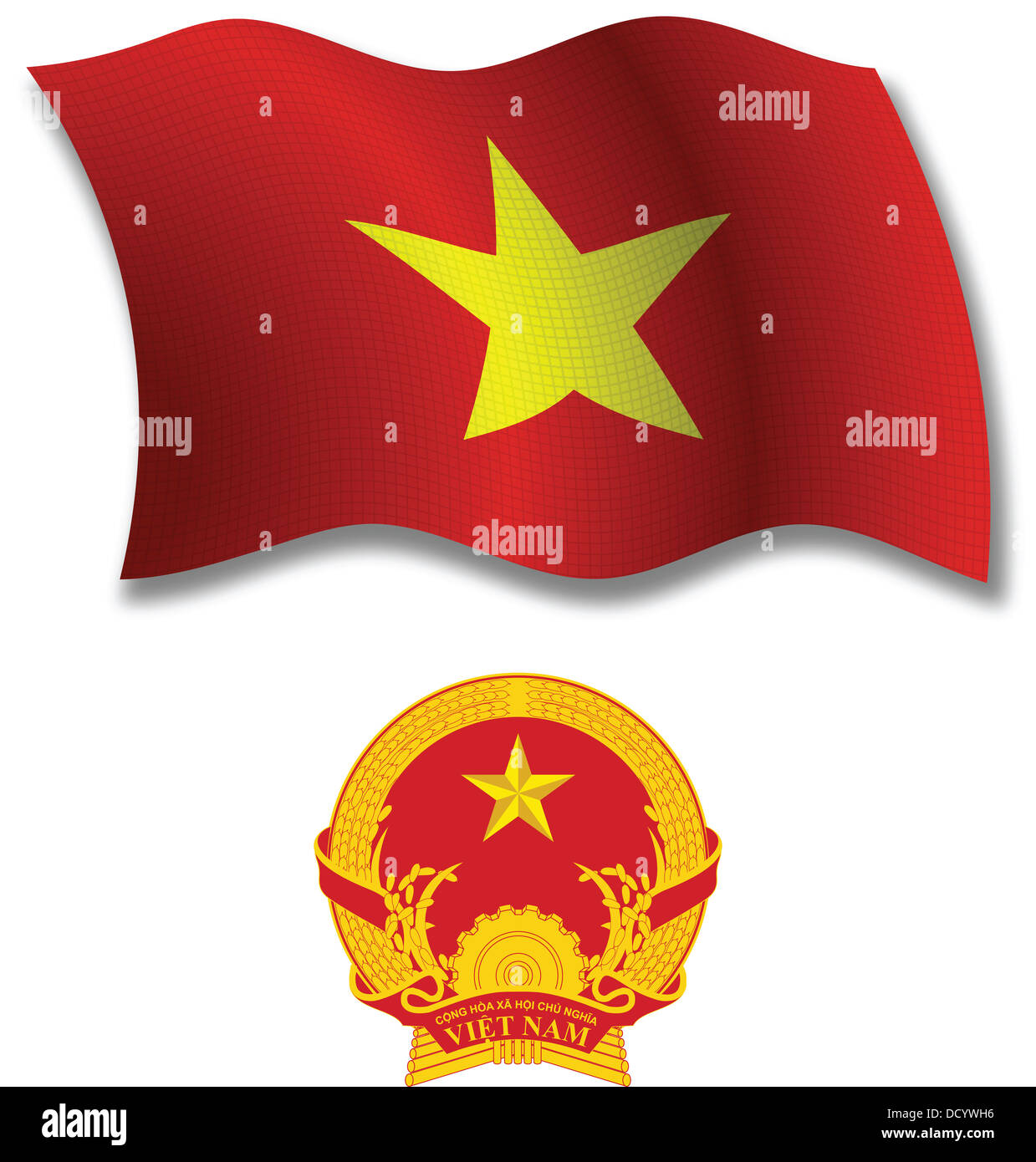 vietnam shadowed textured wavy flag and coat of arms against white