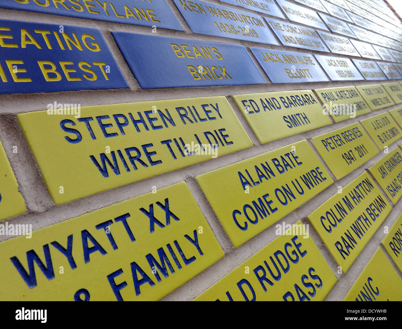 Bricks making up face of Brian Bevan from fans at Warrington Wolves Rugby Stadium, Cheshire England UK Stock Photo