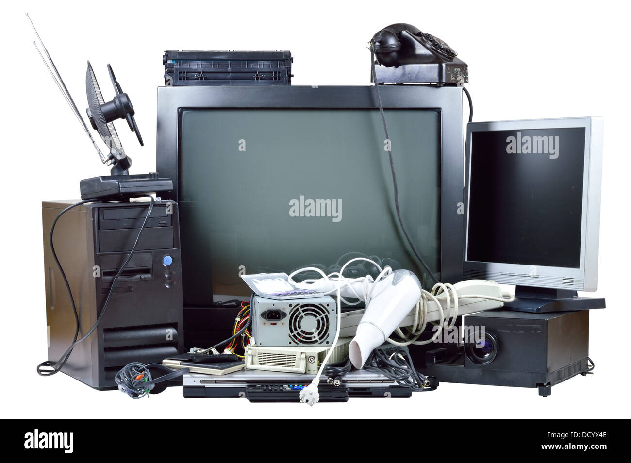 Old and used electric home waste. Obsolete pc computer, telephone, CRT  monitor, DVD Stock Photo - Alamy