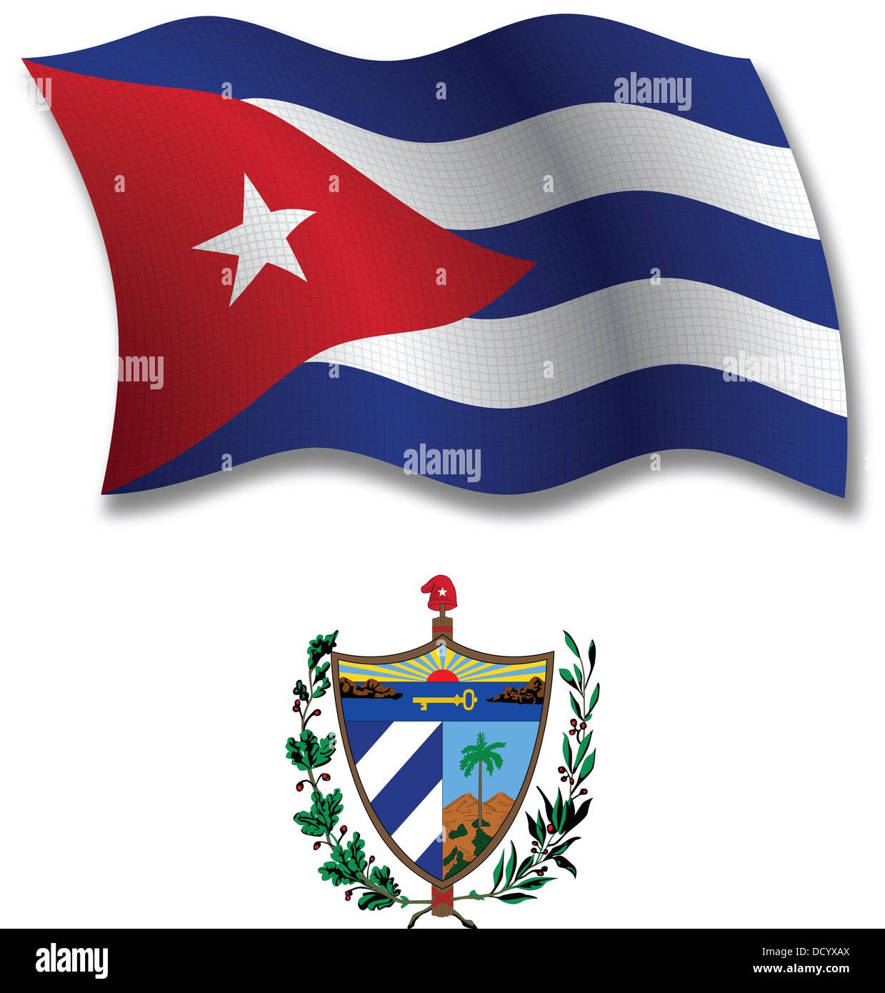 cuba shadowed textured wavy flag and coat of arms against white