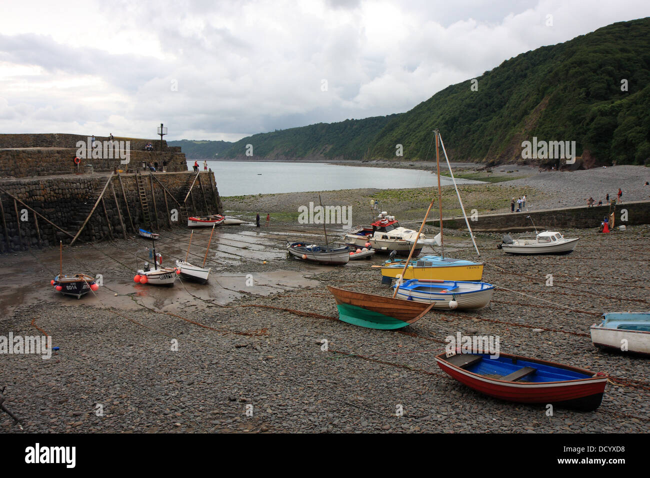 Boats in harbour with tide out, Clovelly, Devon, UK Stock Photo