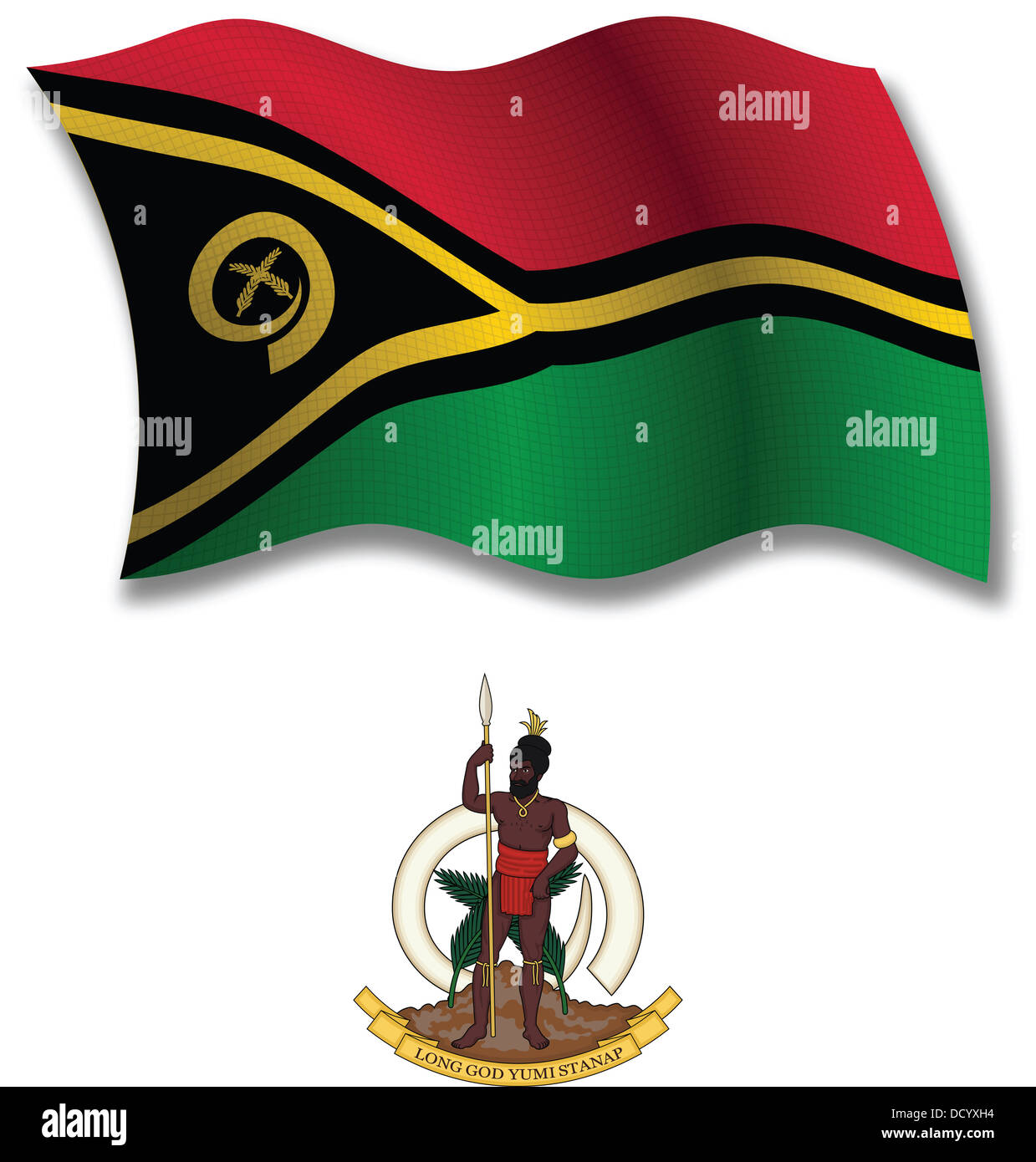 vanuatu shadowed textured wavy flag and coat of arms against white background, vector art