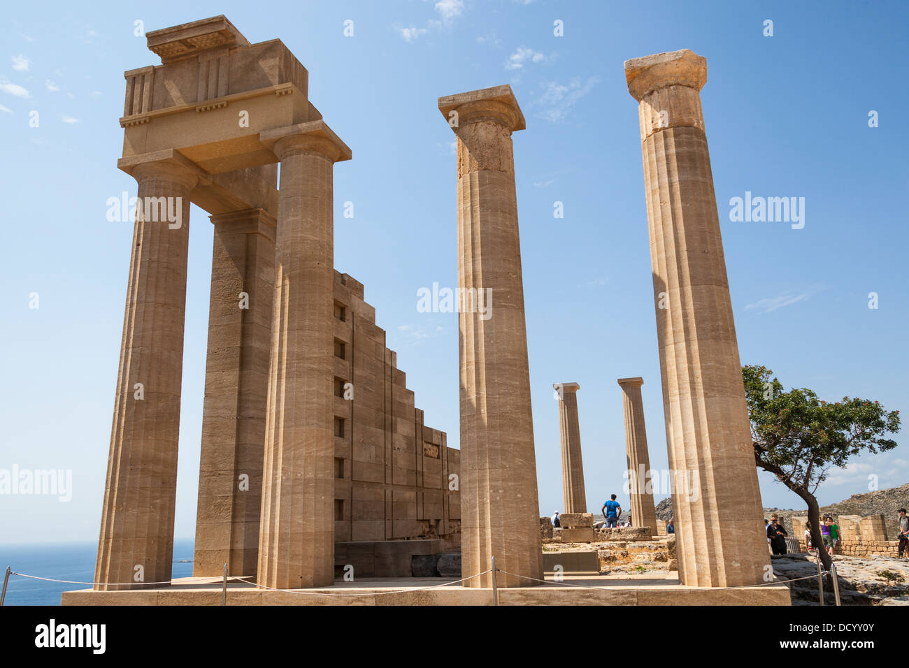 Doric Temple of Athena Lindia, the Acropolis, Lindos, Rhodes, Greece Stock Photo