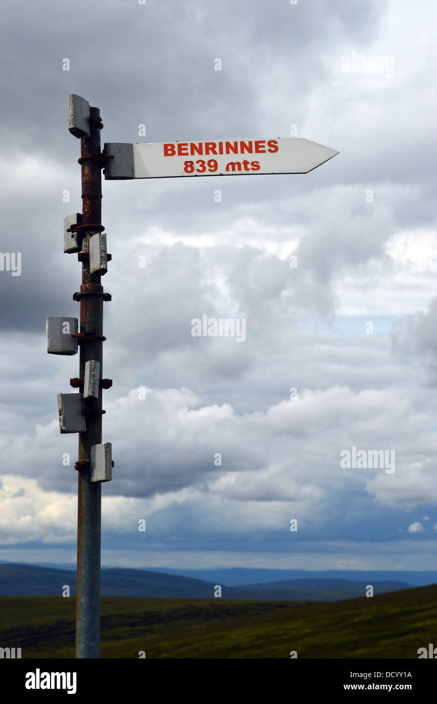 Signpost Pointing to Ben Rinnes a Corbett from the top of The Lecht Ski Resort in Summer Stock Photo
