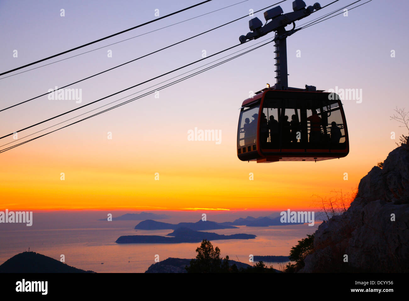 Dubrovnik, Cable car at sunset Stock Photo