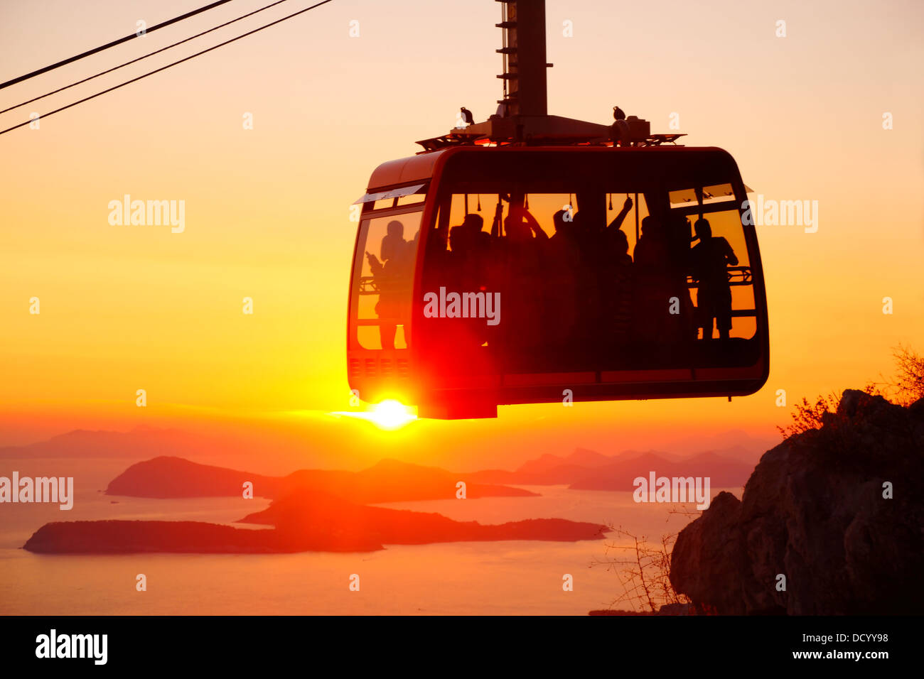 Dubrovnik, Cable car at sunset Stock Photo