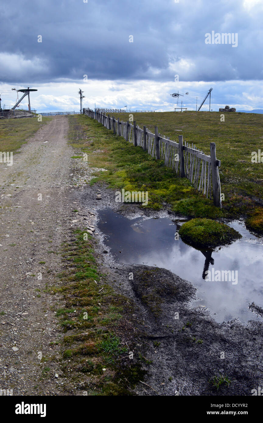 Bulldozed Footpath  from Ski Tow & Memorial along the top of  The Lecht Ski Resort in Summer Stock Photo