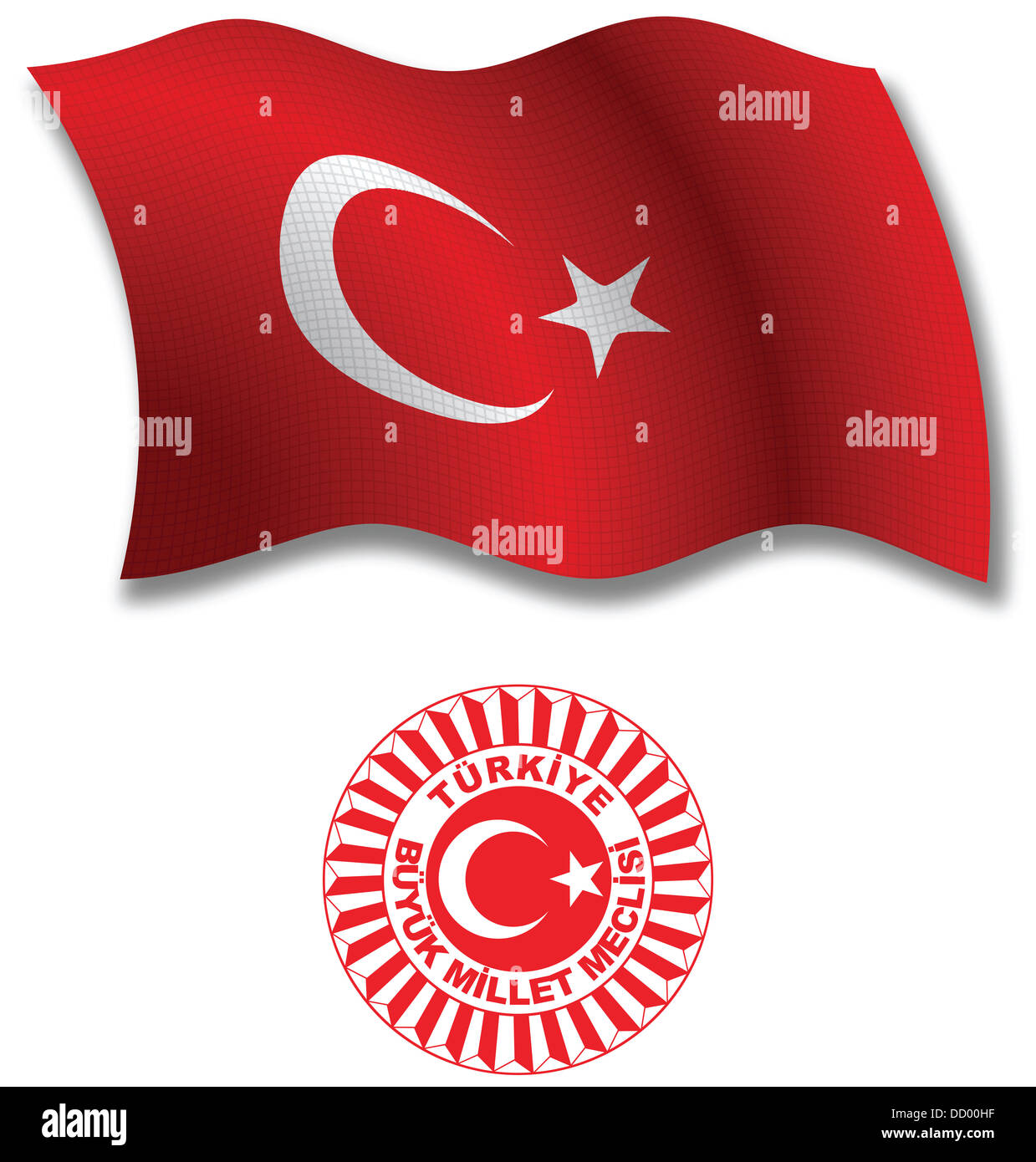 turkey shadowed textured wavy flag and coat of arms against white background, vector art illustration Stock Photo