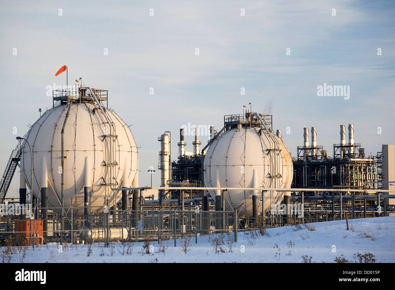 Spherical Oil Tanks And Refinery In Winter At Sunset; Fort Saskatchewan