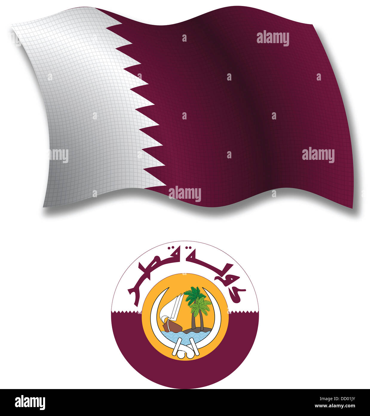 qatar shadowed textured wavy flag and coat of arms against white