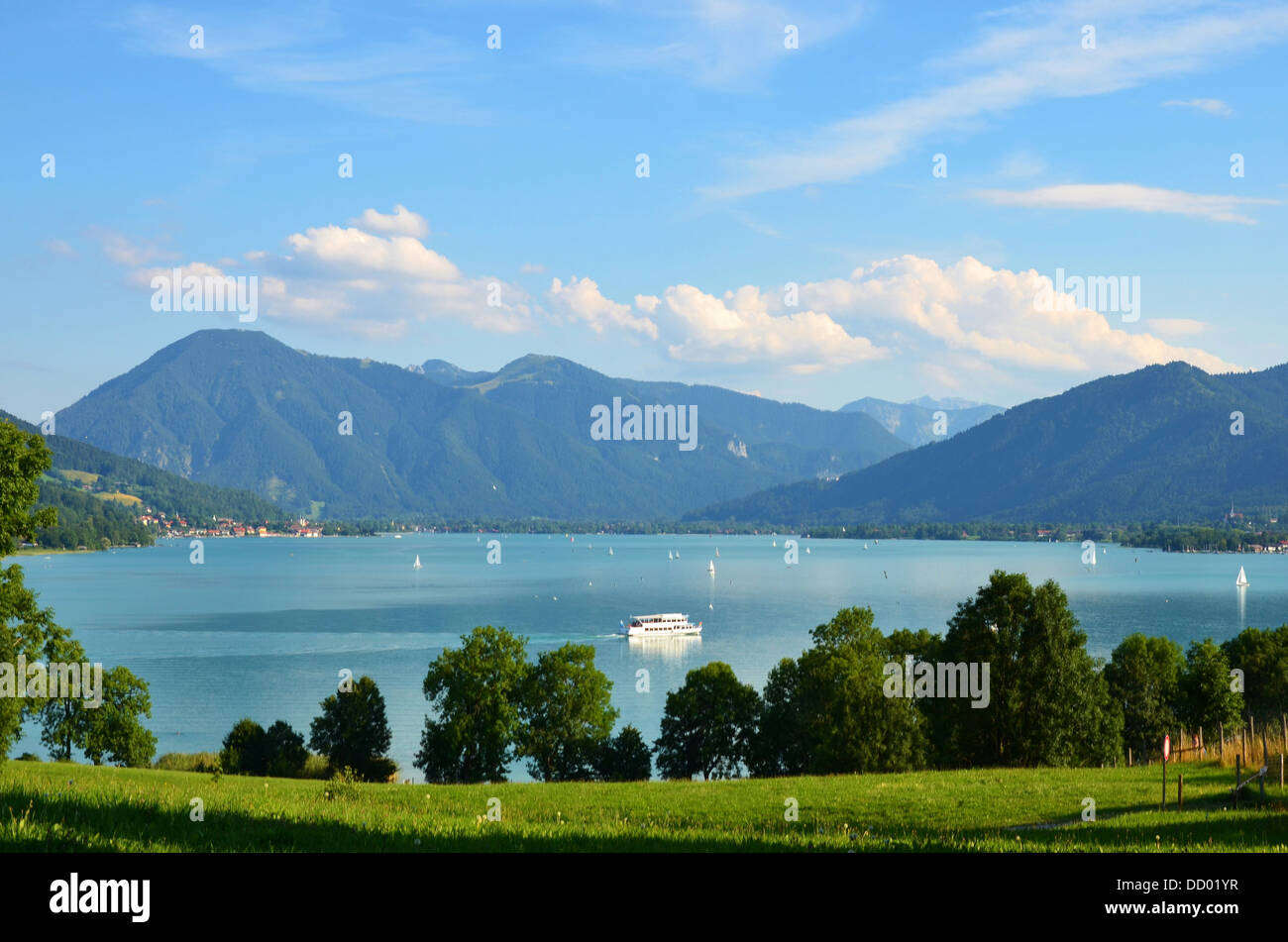 Tegernsee, view from Kaltenbrunn over the lake to Wallberg, sunny day, white clouds, Bavaria, Germany, landscape Stock Photo