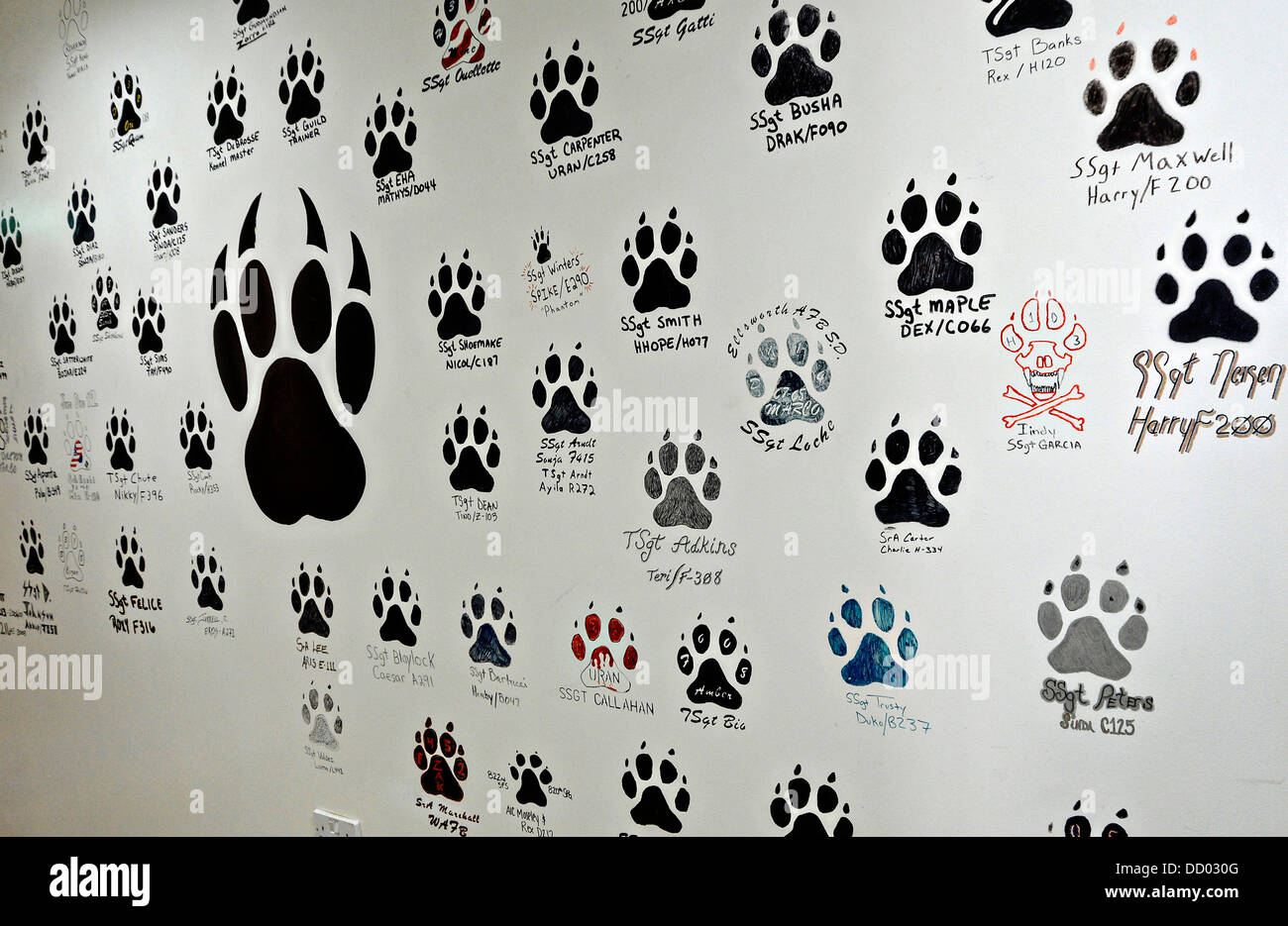 Paw prints of US Air Force military working dogs assigned to the 386th Expeditionary Security Forces Squadron painted on the wall of the flight office July 2, 2013 at Ali Al Salem Air Base, Kuwait. Stock Photo