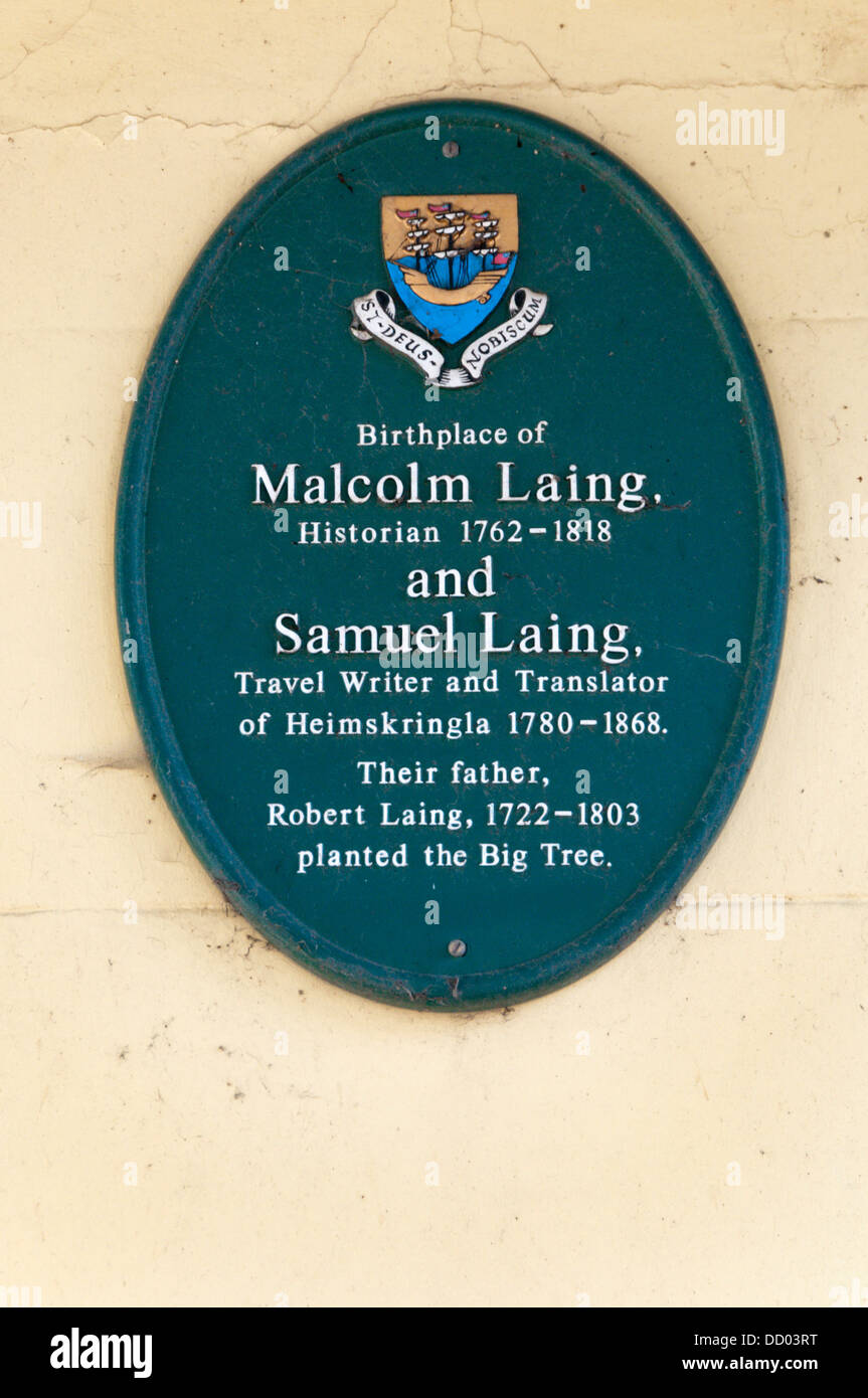 A plaque in Kirkwall records the birthplace of members of the Laing family and the planting of the Big Tree. Stock Photo