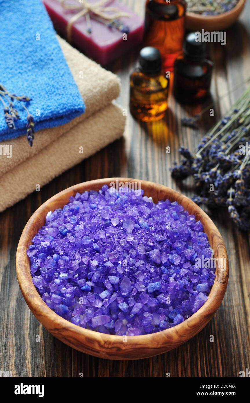 Sea salt in wooden bowl and lavender. Spa concept Stock Photo