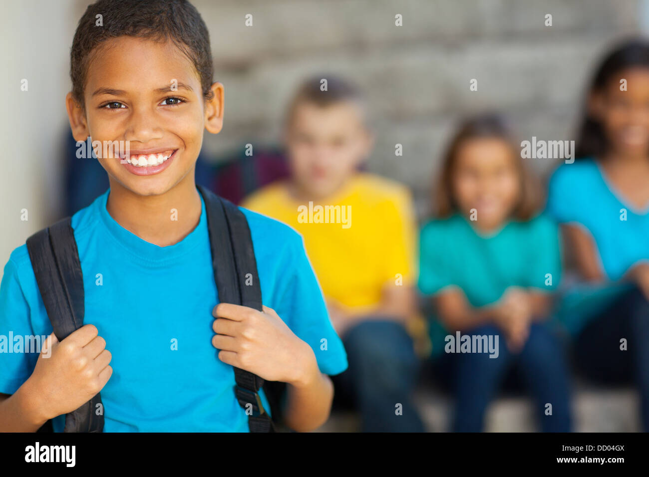 cheerful African American primary school boy with backpack Stock Photo ...
