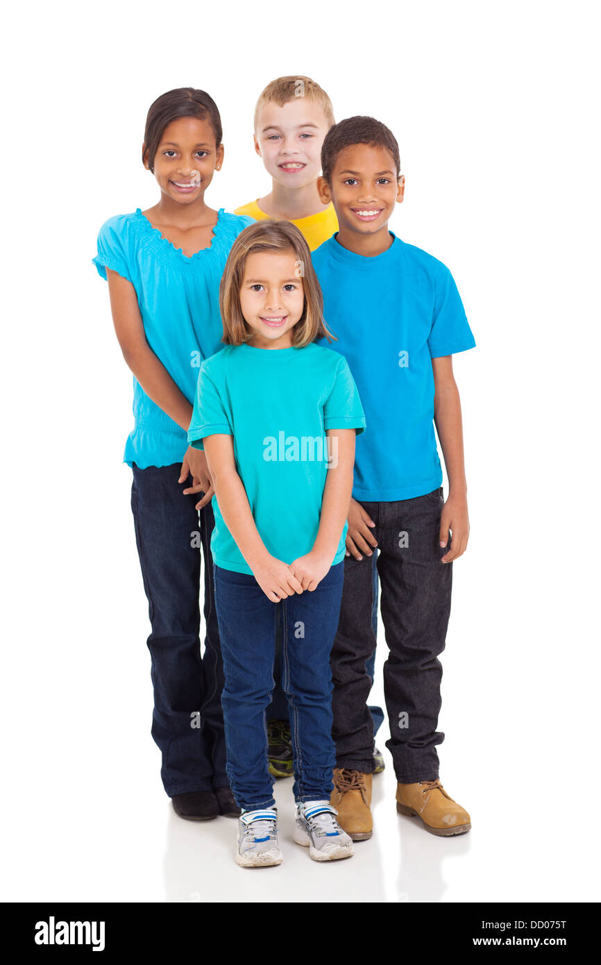 group of smiling kids standing together on white background Stock Photo