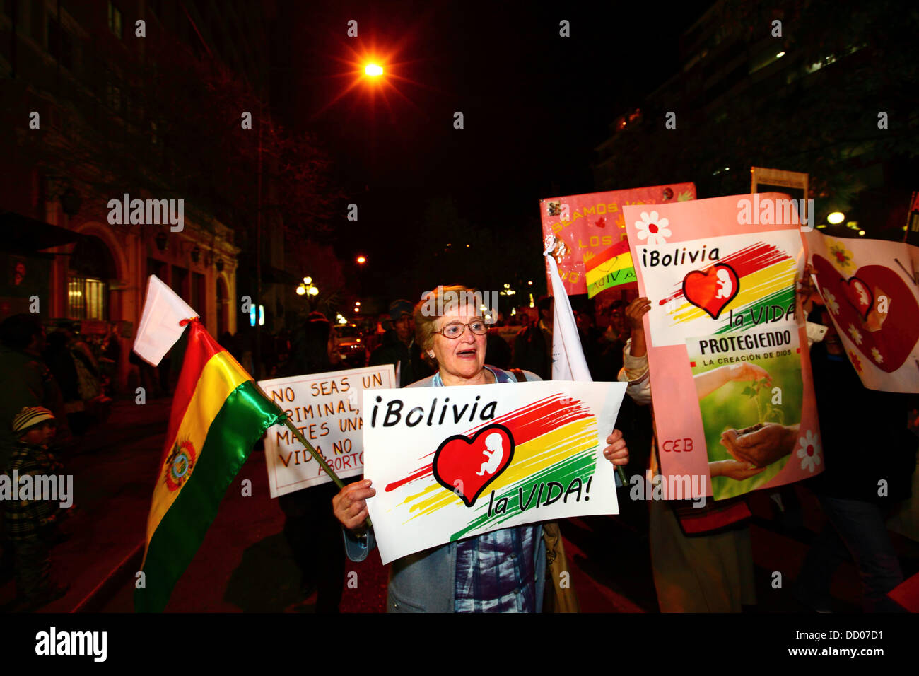 LA PAZ, BOLIVIA, 22nd August 2013. People take part in a march organised by the Red Pro-Vida (Pro Life Network) to protest against decriminalising abortion. Bolivia has been debating whether to decriminalise abortion since March 2012. Credit: James Brunker / Alamy Live News Stock Photo