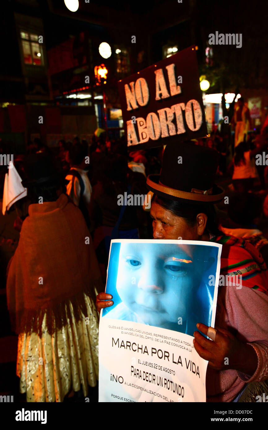 LA PAZ, BOLIVIA, 22nd August 2013. An Aymara woman takes part in a march organised by the Red Pro-Vida (Pro Life Network) to protest against decriminalising abortion. Bolivia has been debating whether to decriminalise abortion since March 2012. Credit: James Brunker / Alamy Live News Stock Photo