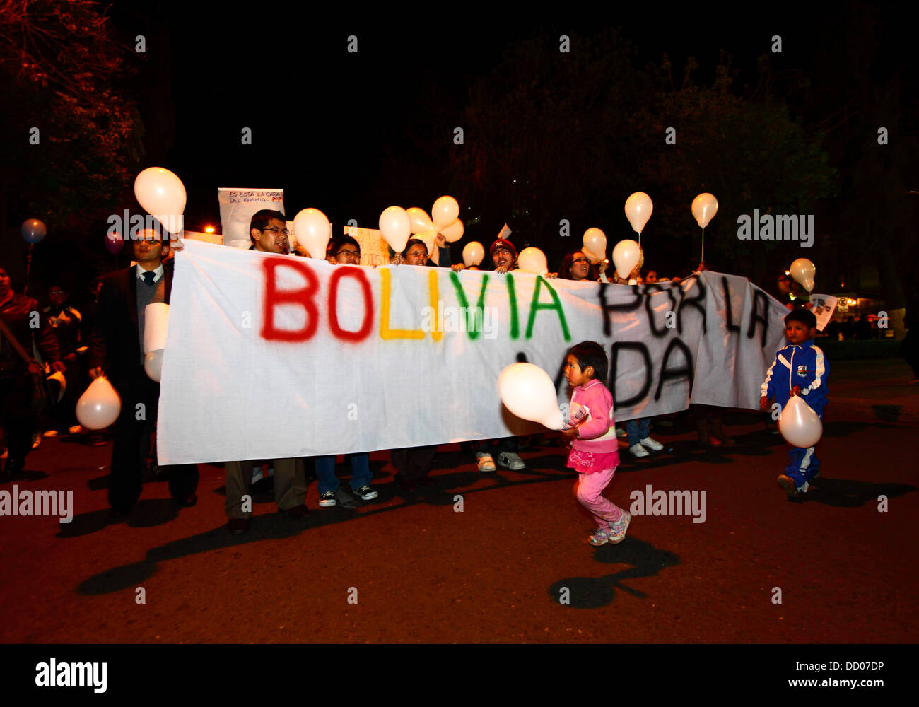 LA PAZ, BOLIVIA, 22nd August 2013. People take part in a march organised by the Red Pro-Vida (Pro Life Network) to protest against decriminalising abortion. Bolivia has been debating whether to decriminalise abortion since March 2012. Credit:James Brunker / Alamy Live News Stock Photo