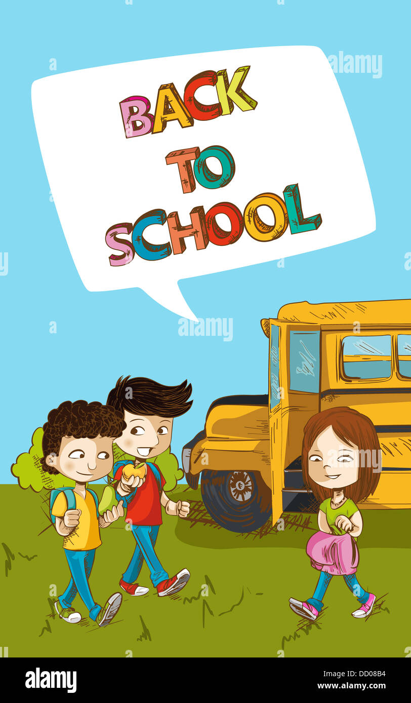 Education Back To School Colorful Building School Bus And A Couple Of Kids Cartoon Illustration Vector Layered For Easy Personalization Stock Photo Alamy